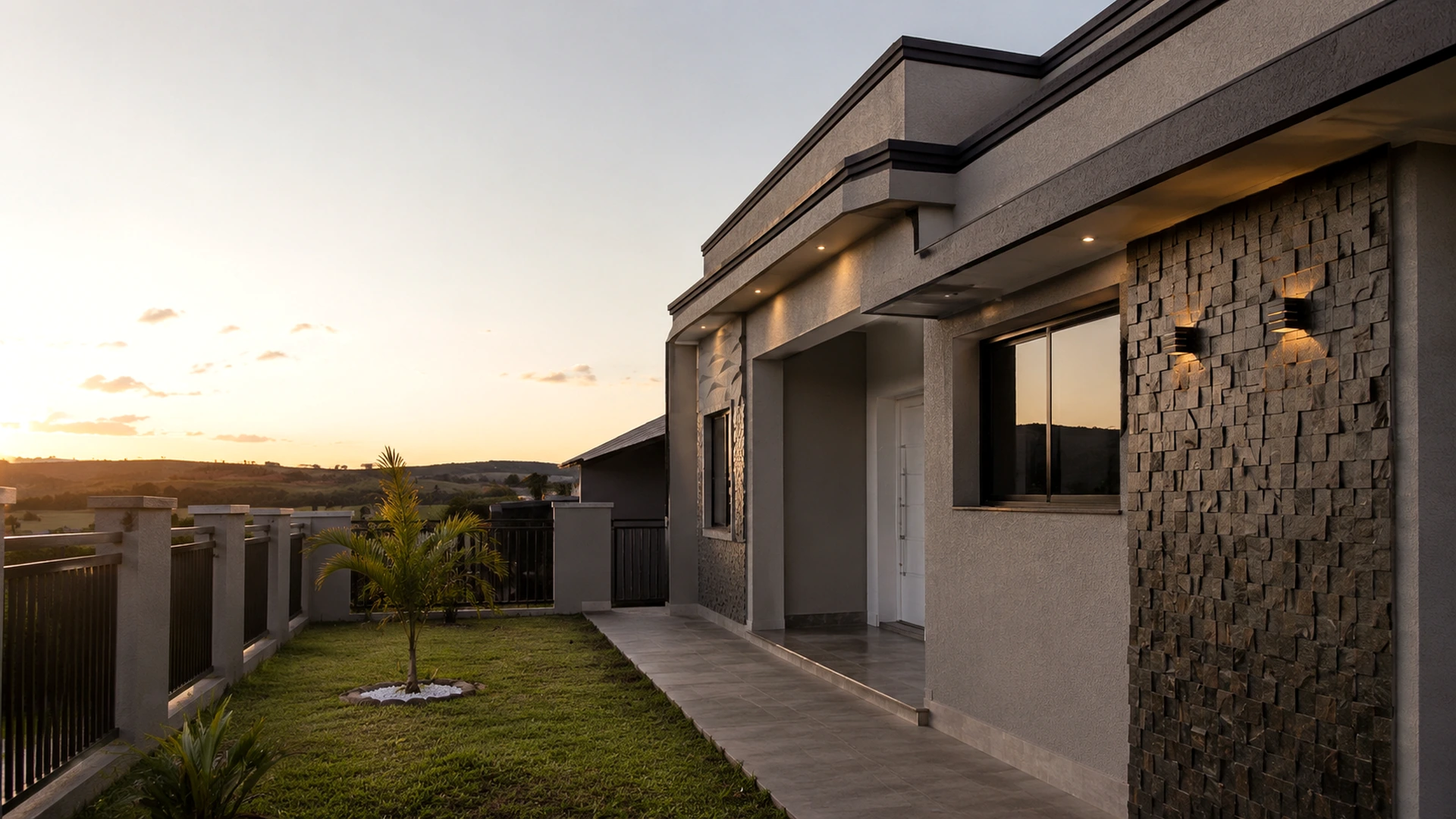 Ambiente residencial com acabamento externo e iluminação arquitetônica